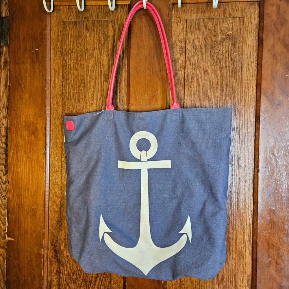 FabFitFun Tote Bag Womens Large Reversible Blue Anchor Red White Striped New